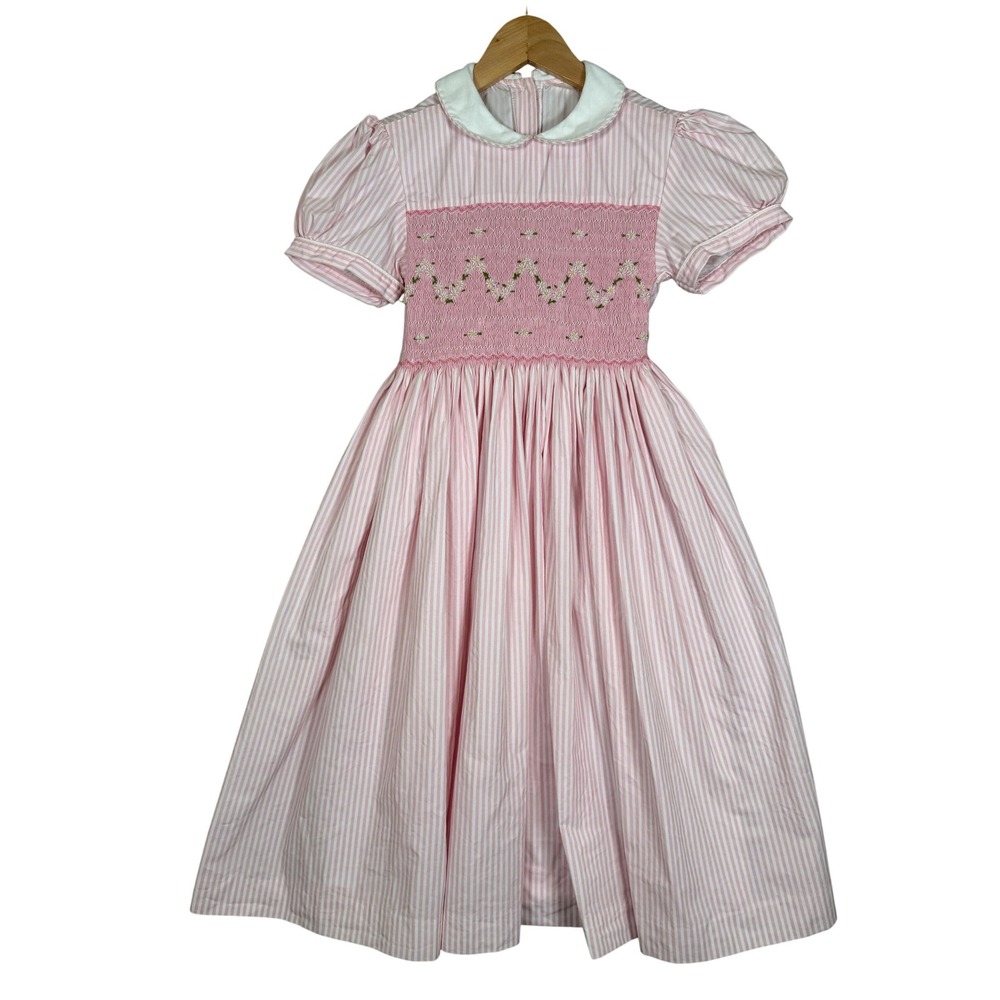 VTG Smocked Kids Dress Kids Size‎ 6* Pink Striped Floral Embroidery Puff Sleeve